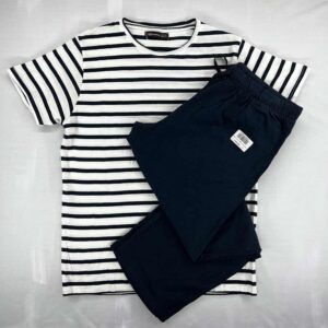 ست تیشرت و شلوارک راه راه سوگار سرمه‌ای